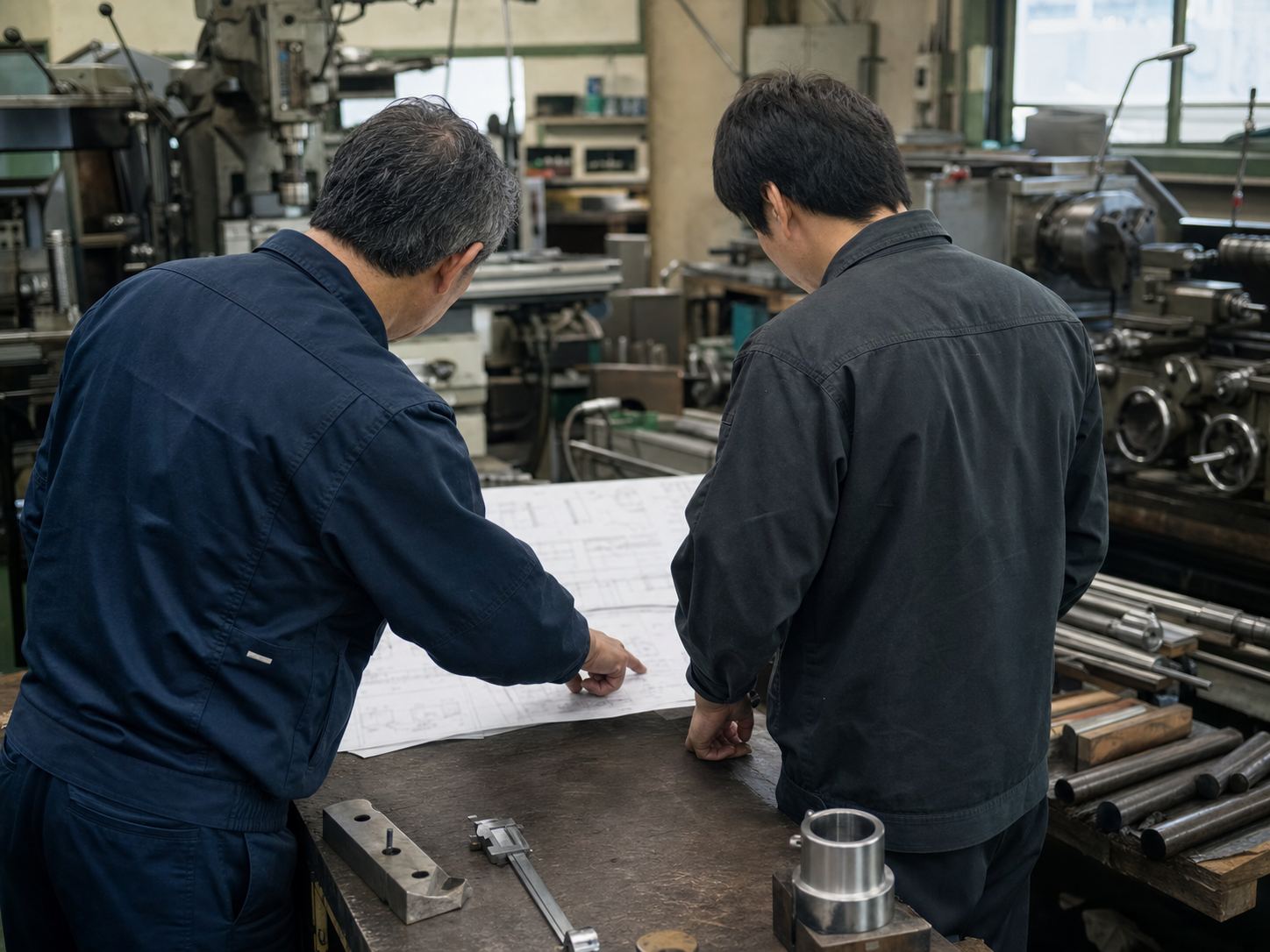 図面を見ながら加工方法を確認する職人